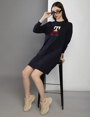 women navy monogram applique sweatshirt dress