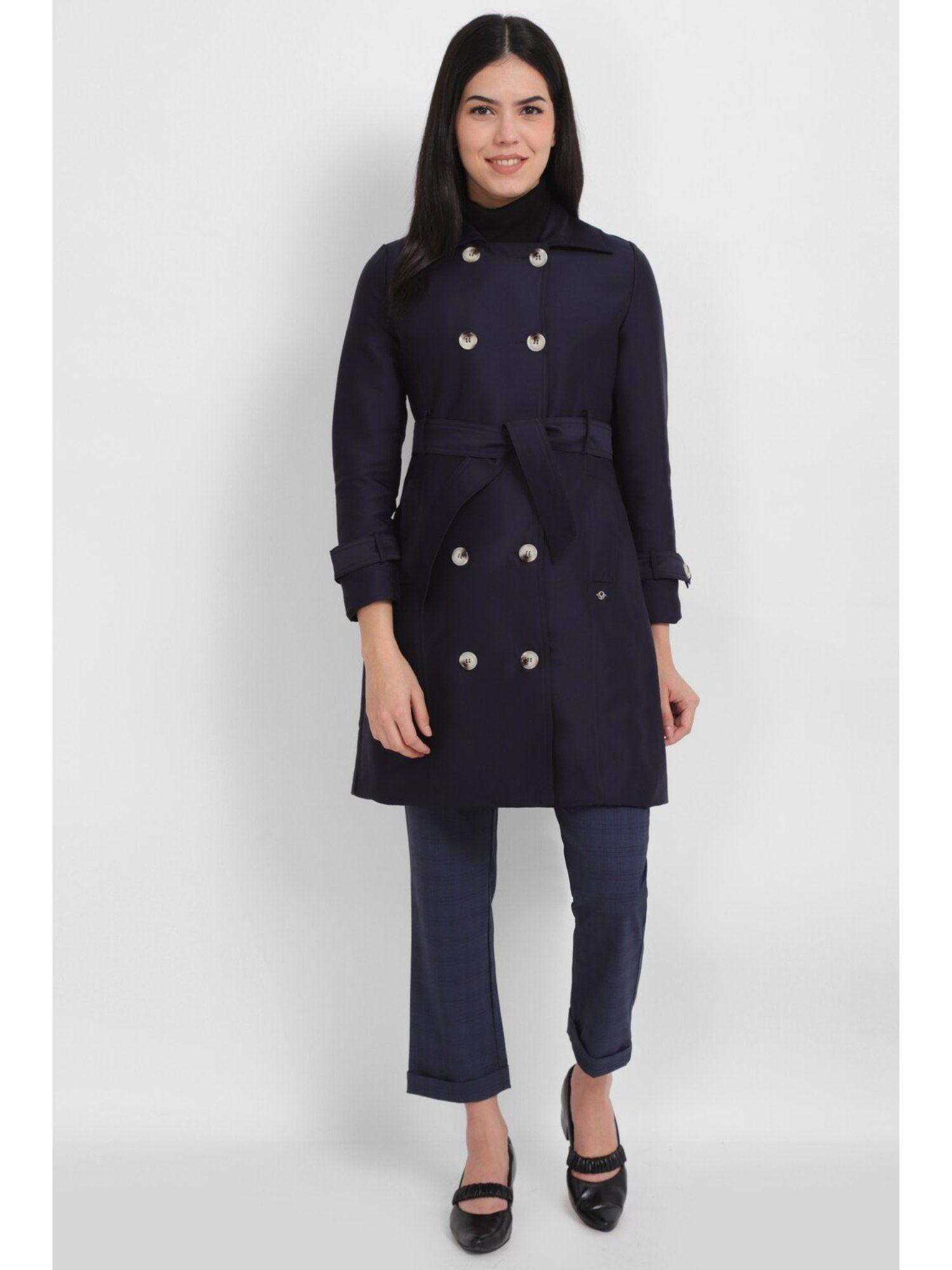 women navy solid casual coat with belt (set of 2)