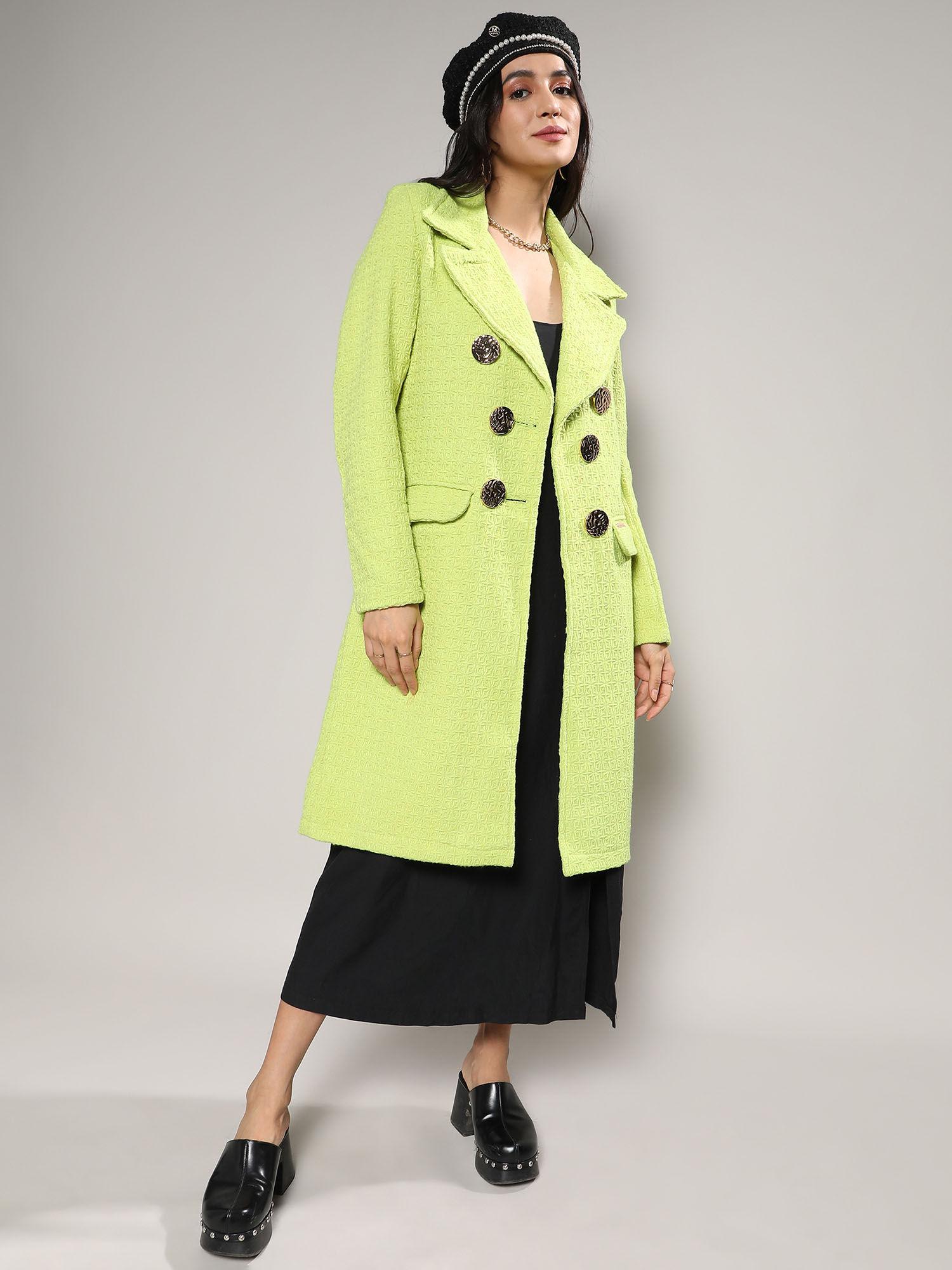 women neon green double- breasted textured long coat