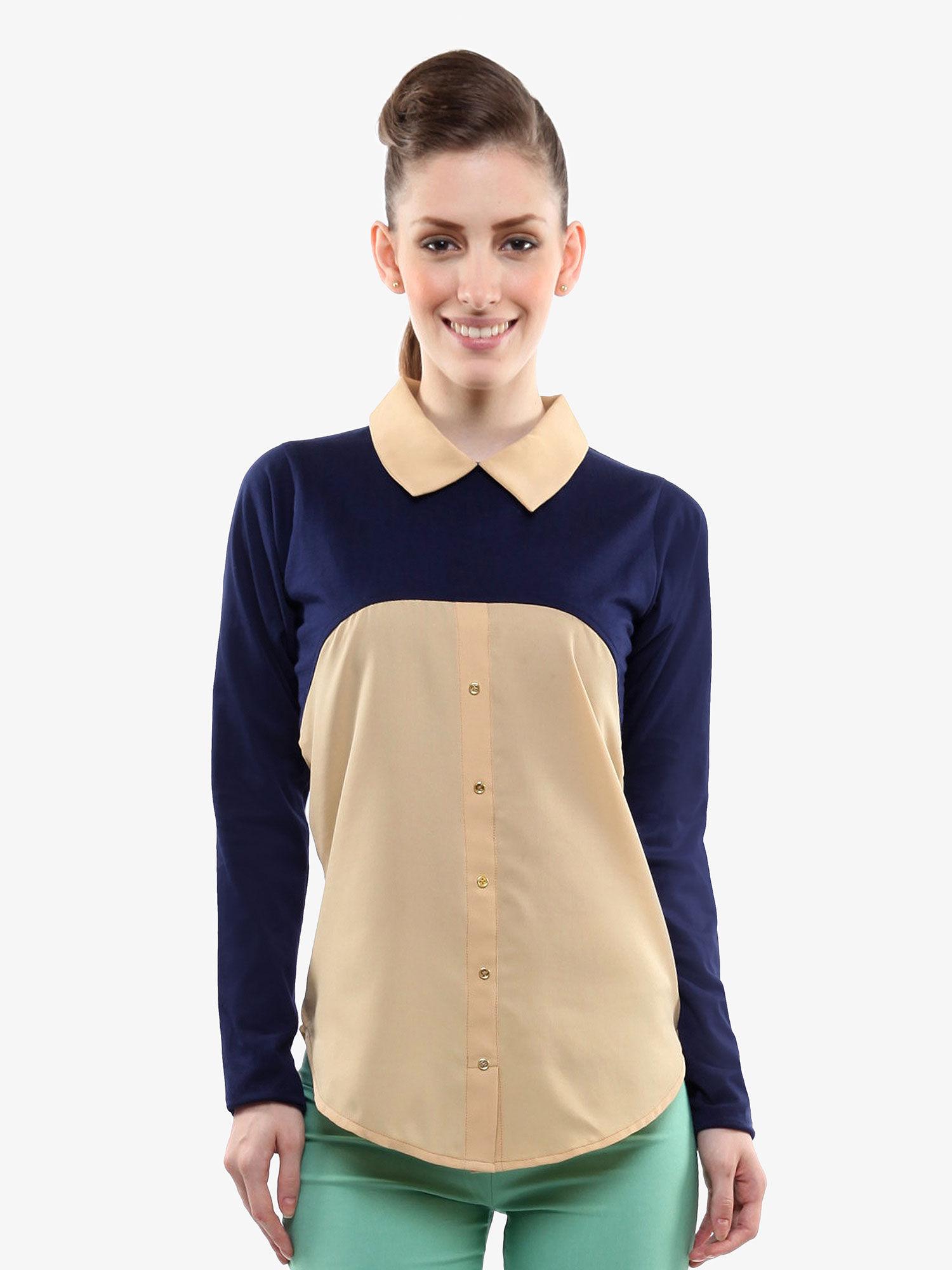 women nude and navy blue collar neck full sleeves shirt