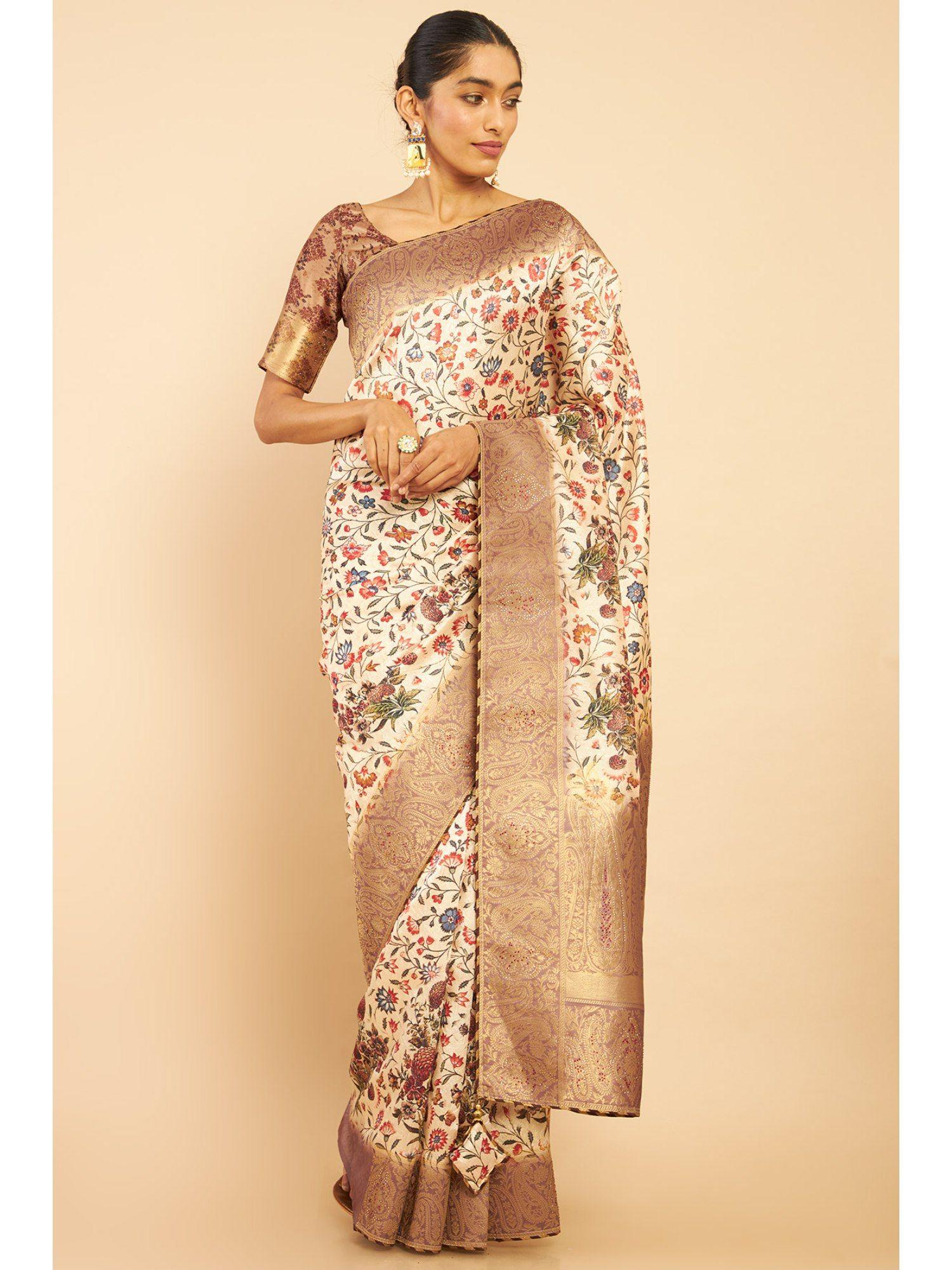 women off white chanderi floral saree with unstitched blouse