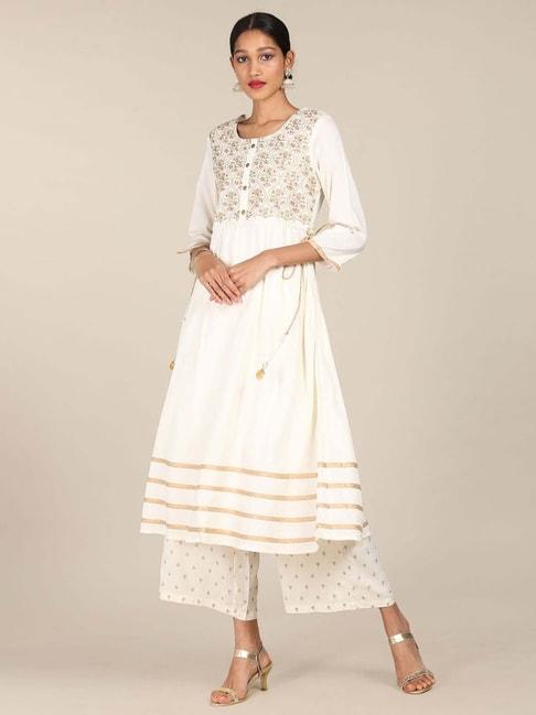 women off white embroidered kurta and palazzo set