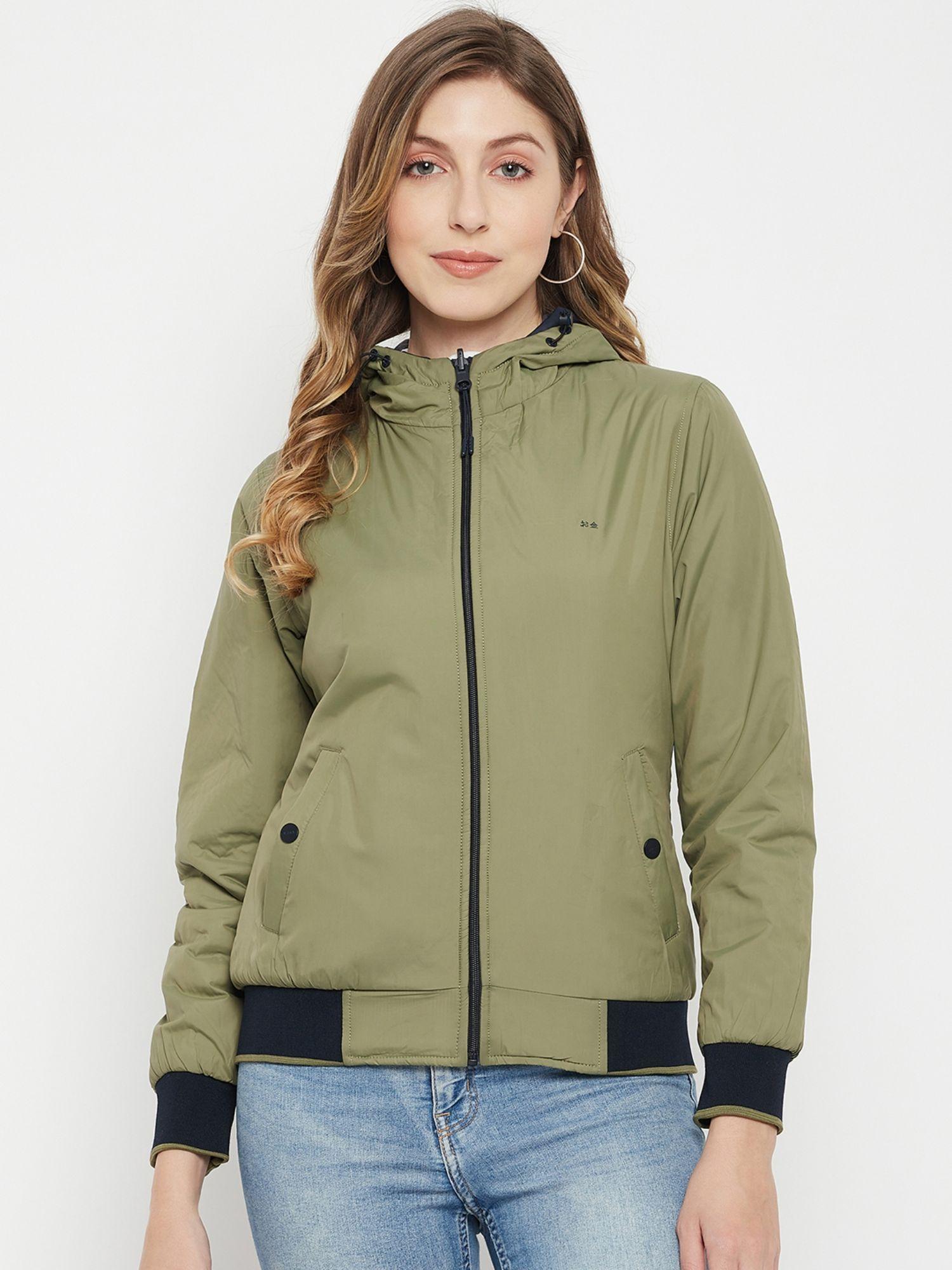 women olive green & navy blue reversible hooded bomber jacket