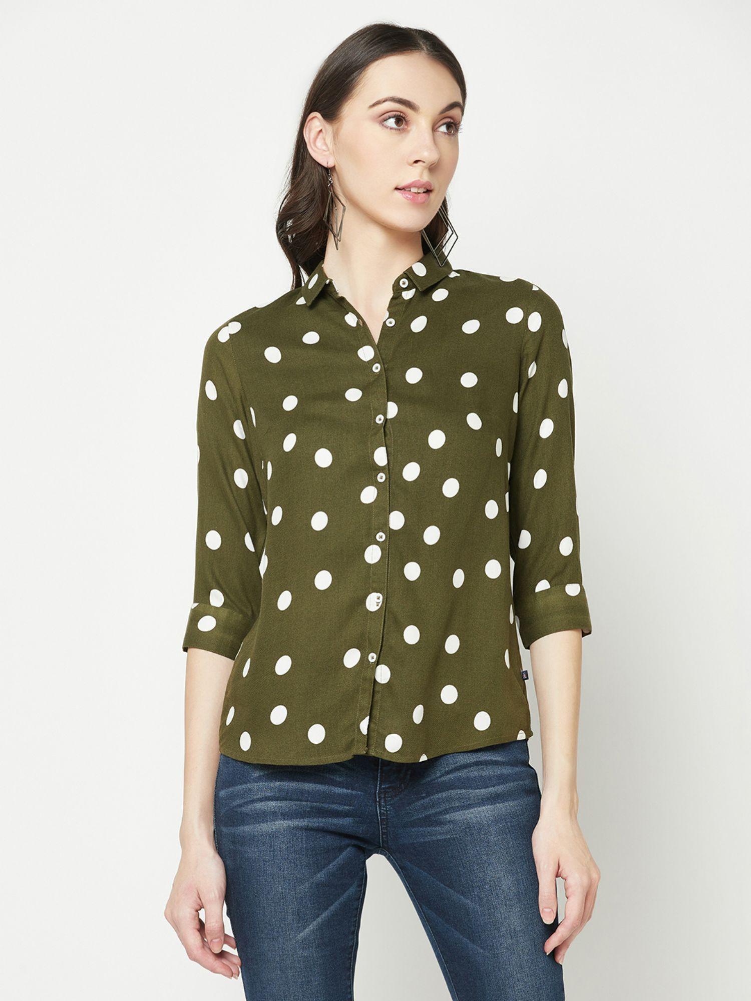 women olive polka dots shirt