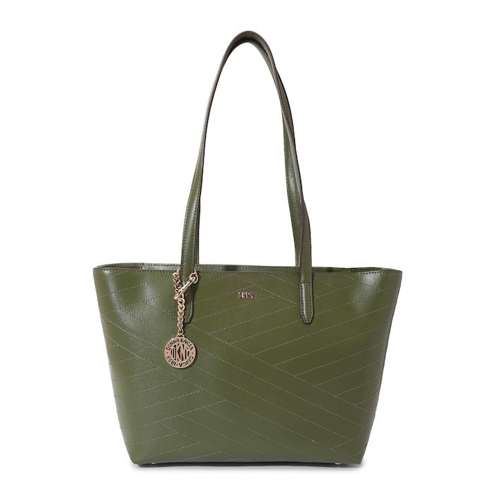 women olive stitched detailed tote bag with charm