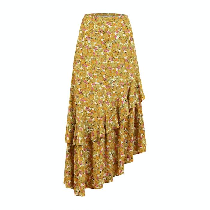 women orange printed asymmetric hem midi skirt
