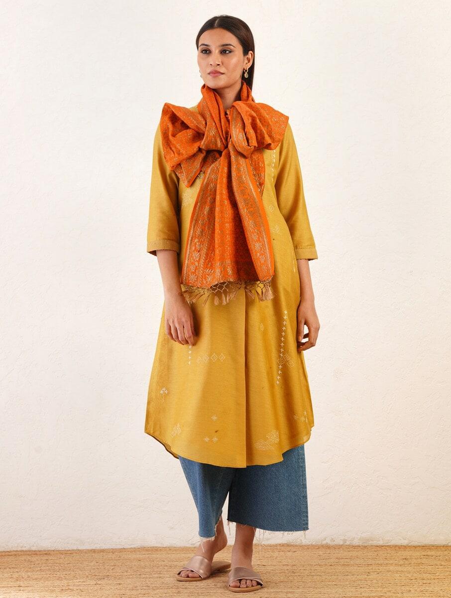 women orange silk hand woven dupatta