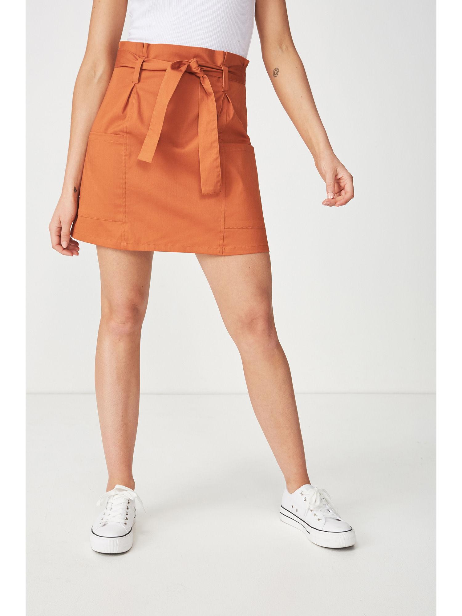 women orange woven utility cargo zip mini skirt