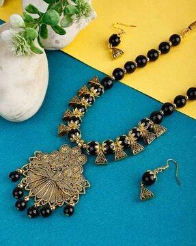 women oxidized dancing peacock beaded necklace & earrings set