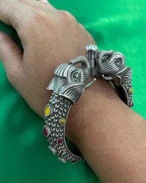 women oxidized-silver elephant design kada