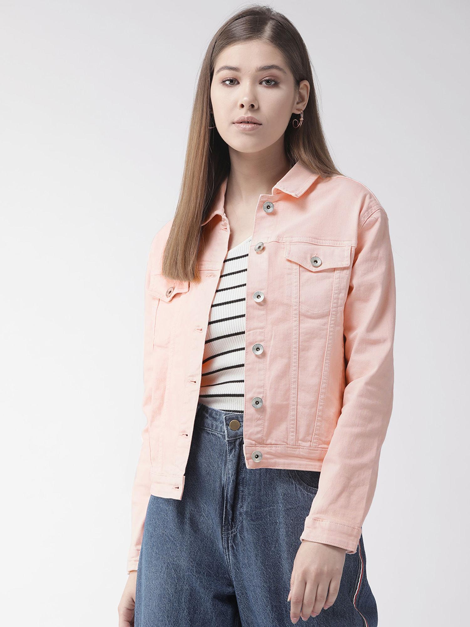 women peach-coloured solid denim jacket