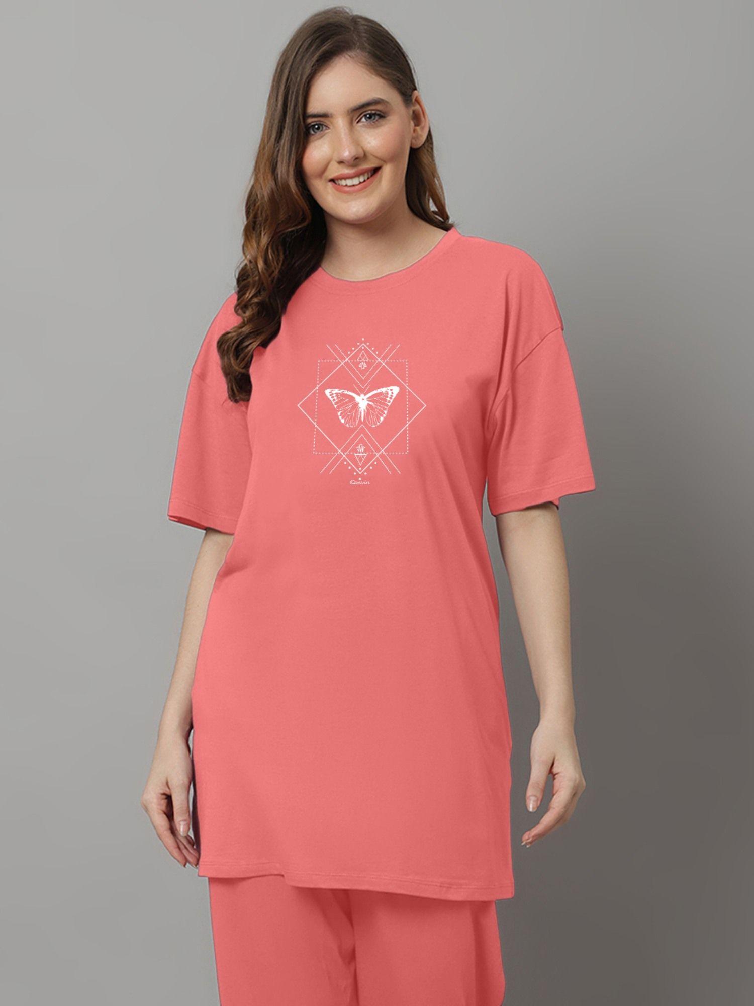 women peach-coloured typography printed applique loose t-shirt