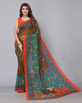 women peacock print saree with contrast border
