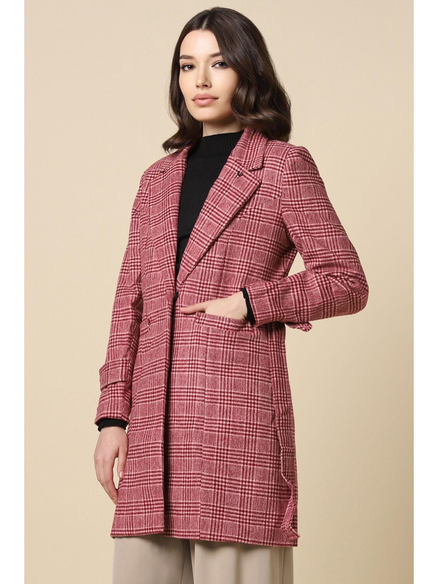 women pink checks casual coat with belt (set of 2)