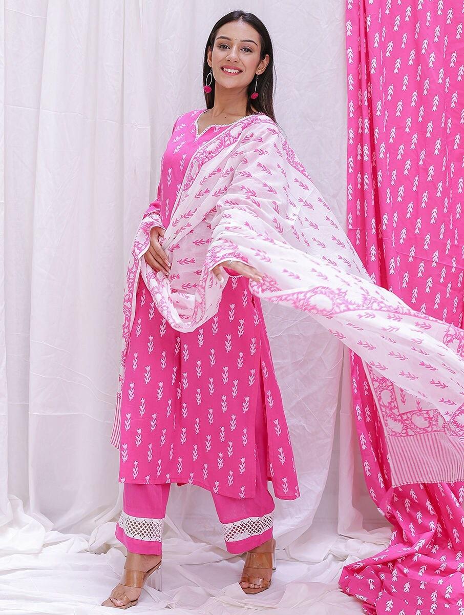 women pink cotton block print dupatta