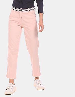 women pink cotton stretch dobby pants