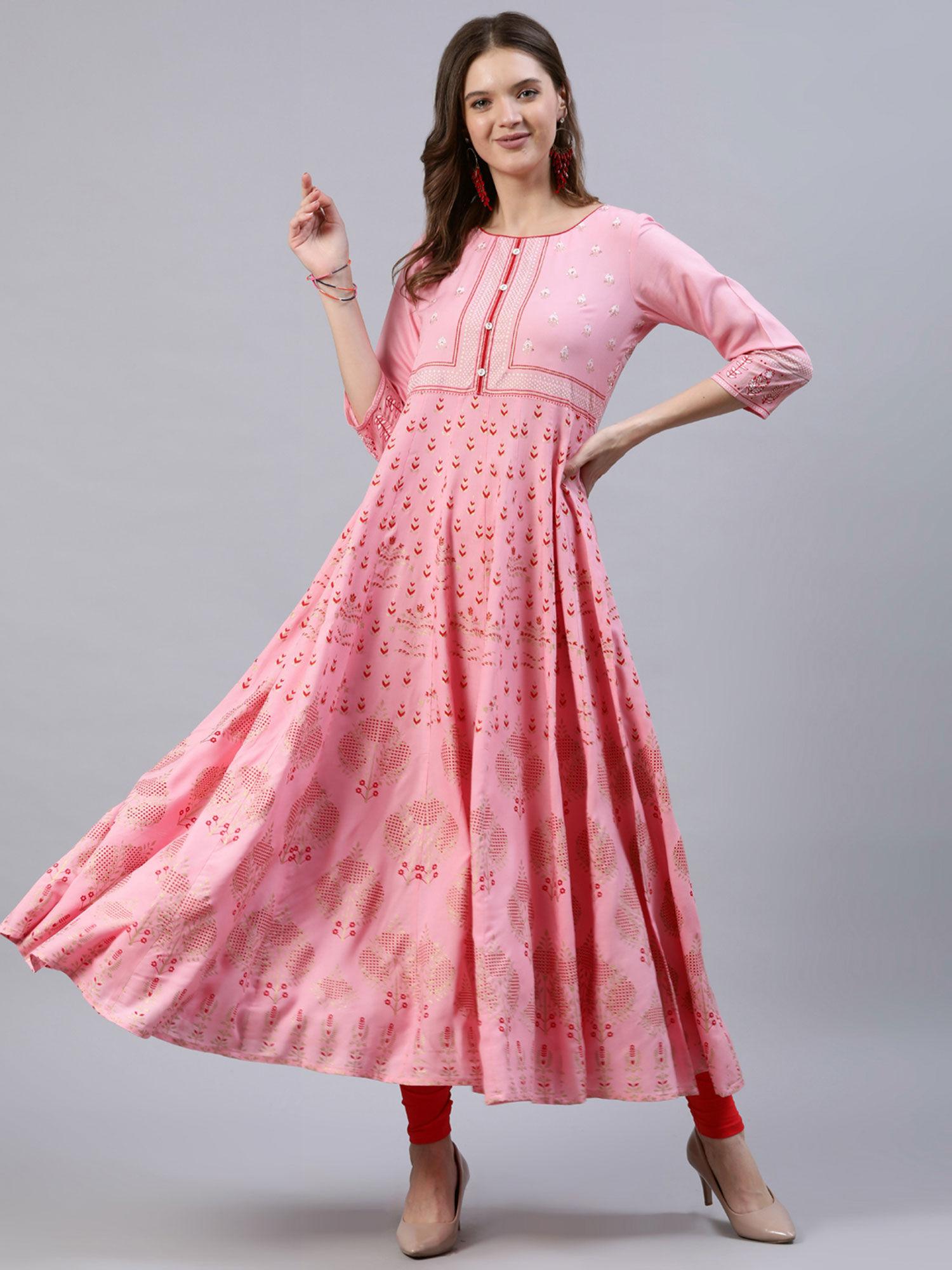 women pink ethnic print sequin embroidered anarkali kurta