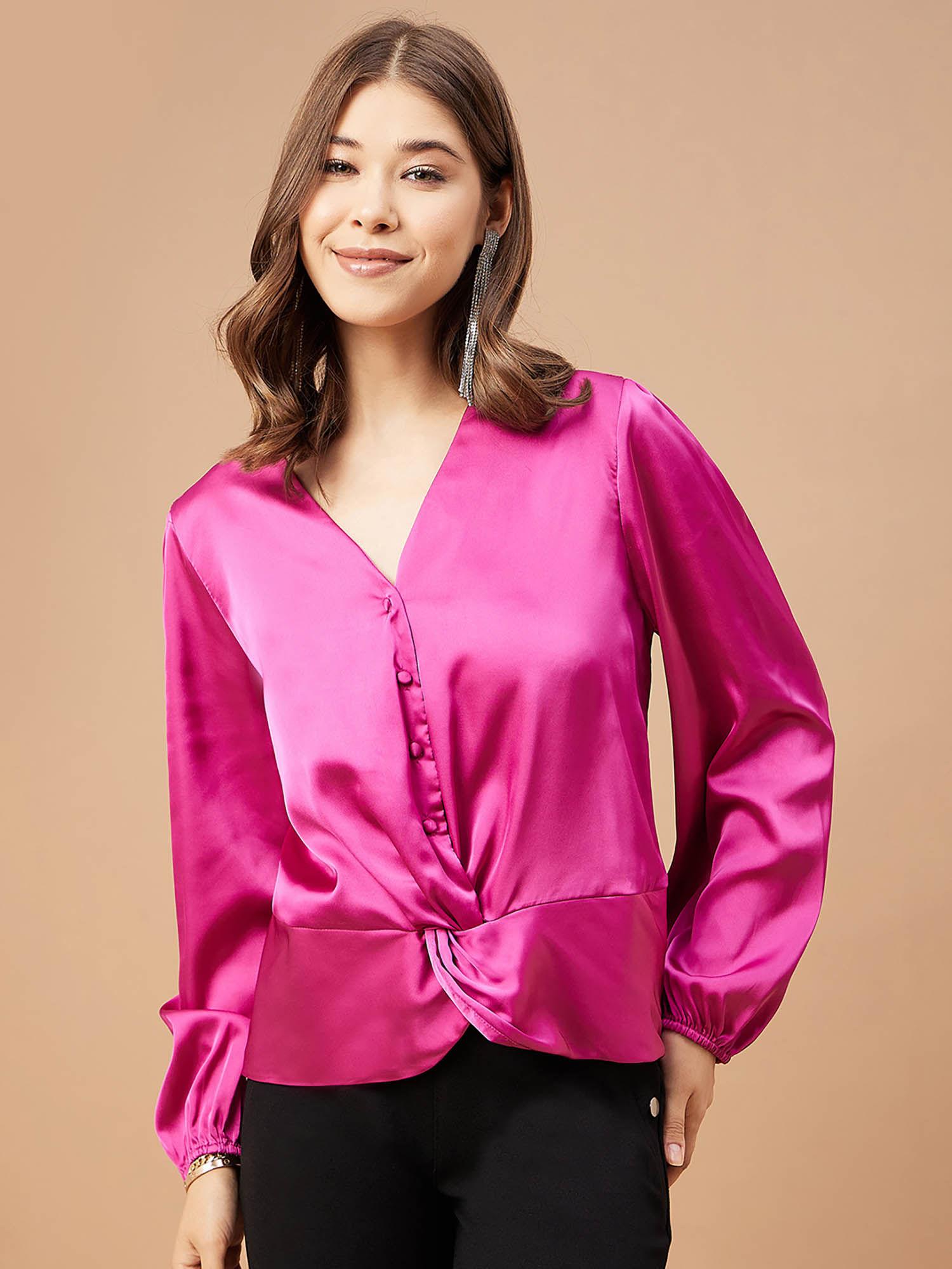 women pink orchid solid satin bishop sleeve crew neck blouse