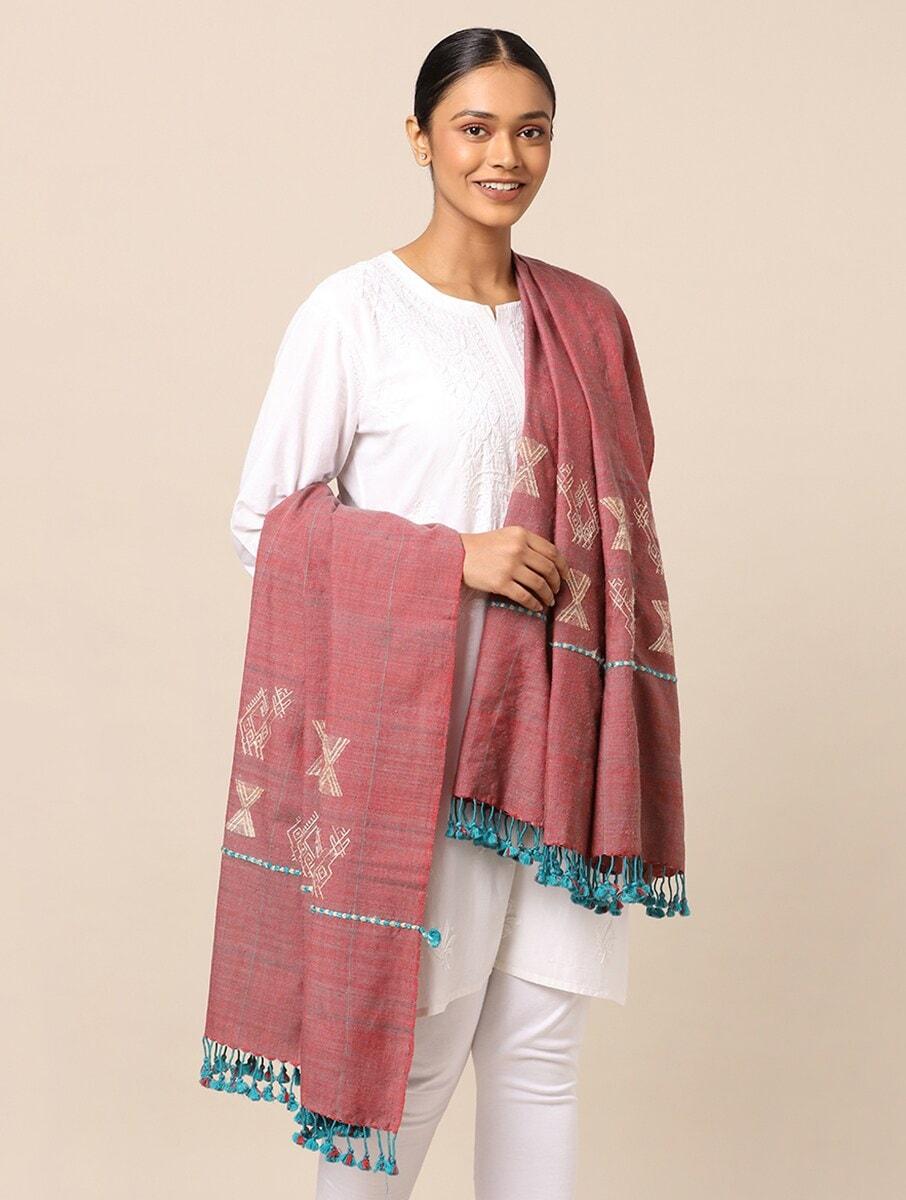 women pink silk blend bhujodi shawls