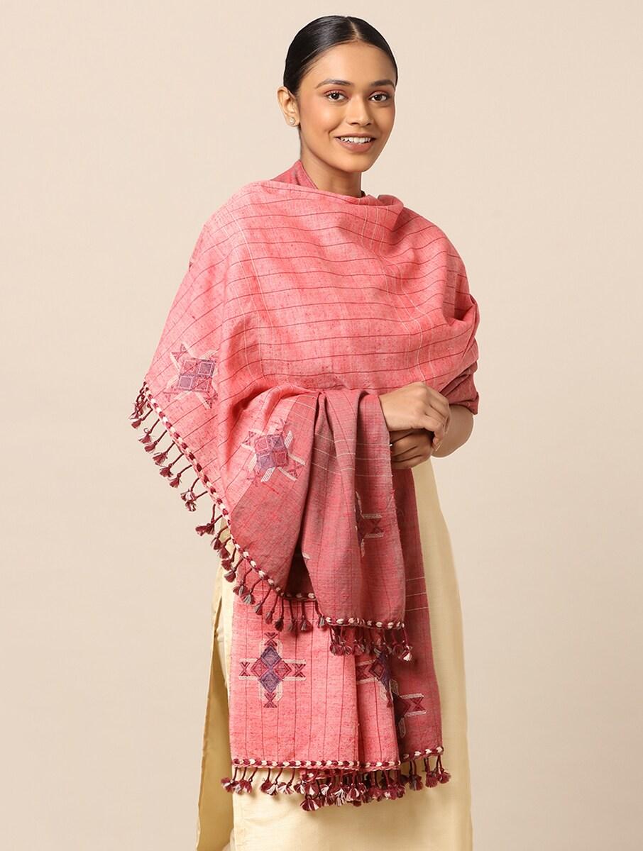 women pink silk blend bhujodi shawls
