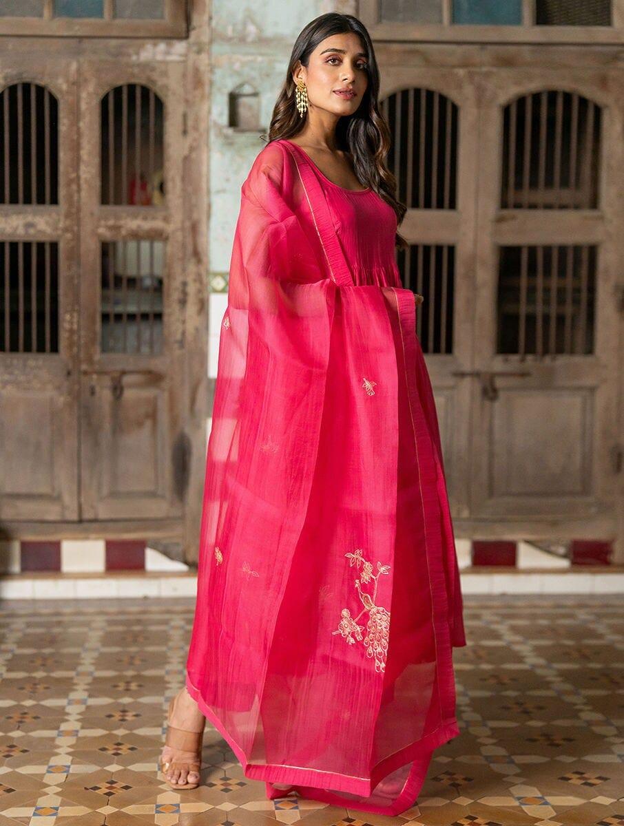 women pink silk embroidered dupatta