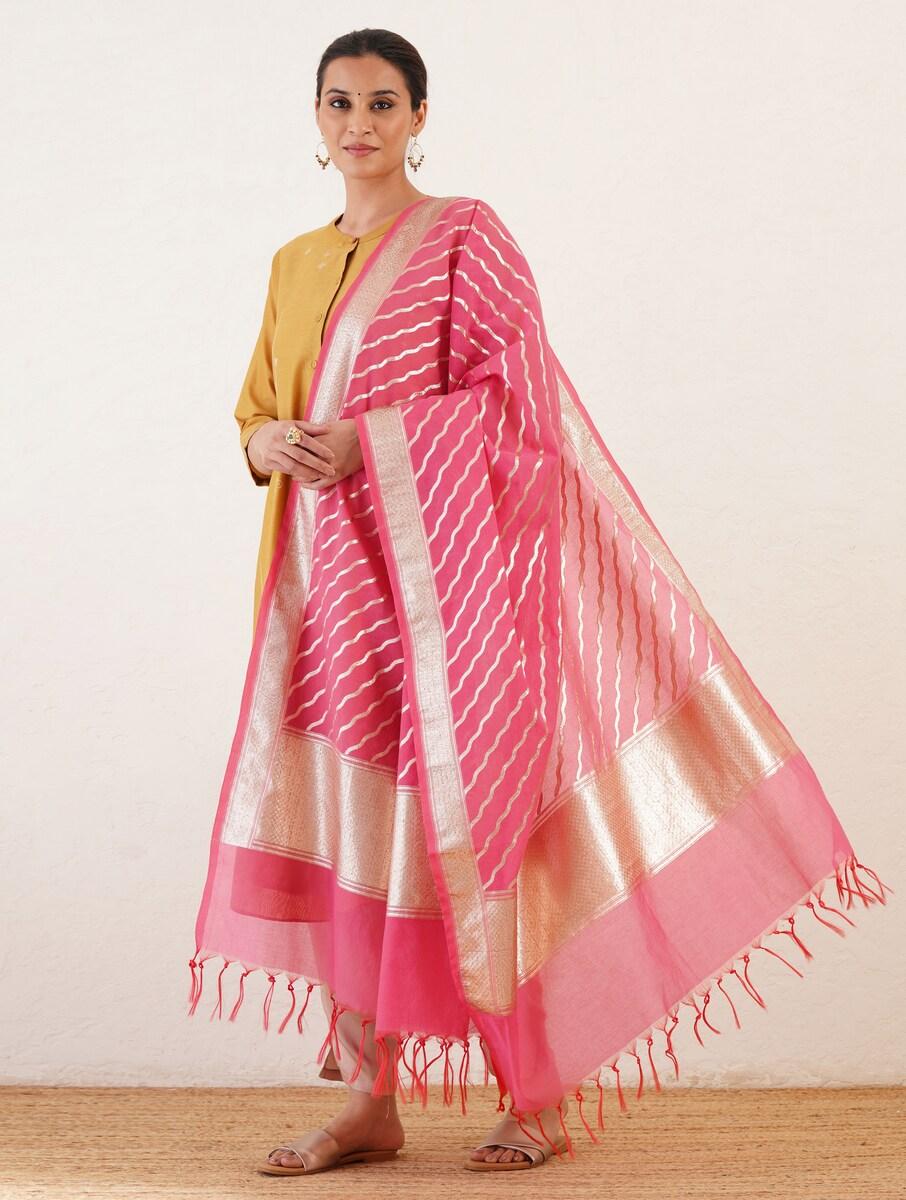 women pink silk hand woven dupatta