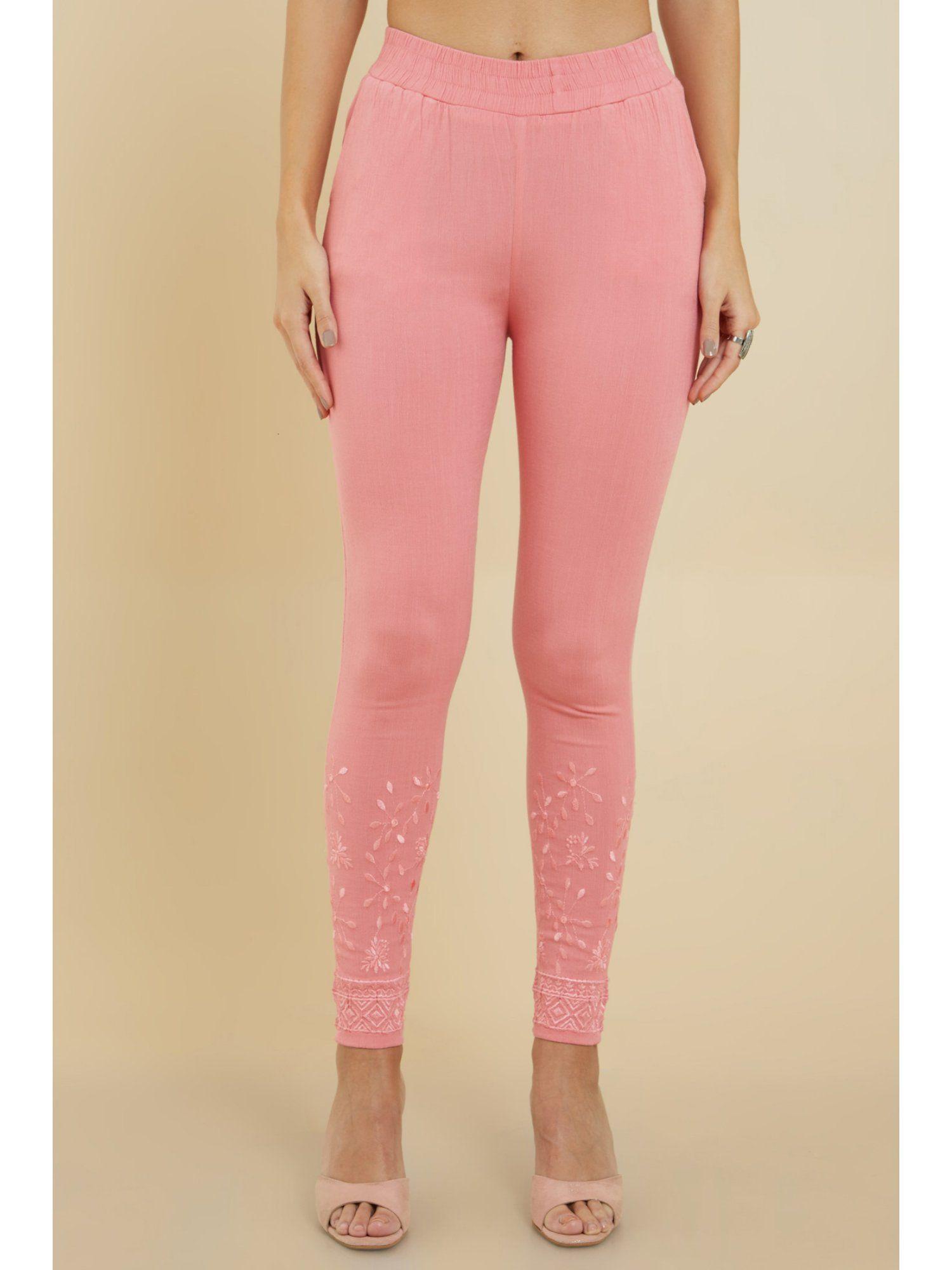 women pink viscose embroidered leggings