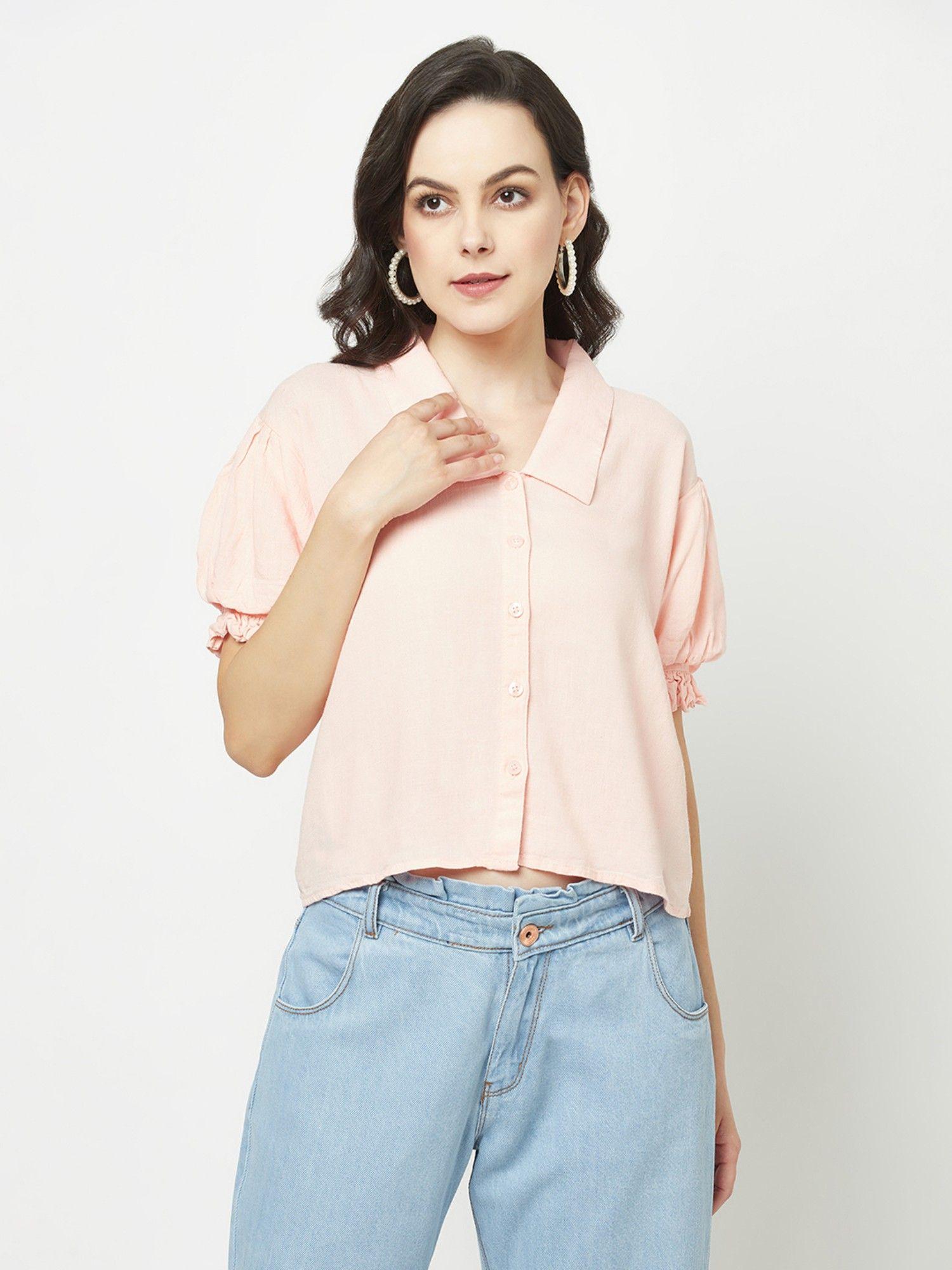 women plain cropped light peach shirt