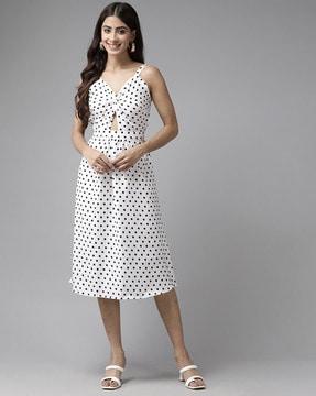 women polka-dot fit & flare dress with strappy shoulder