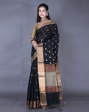 women polka-dot saree with contrast border