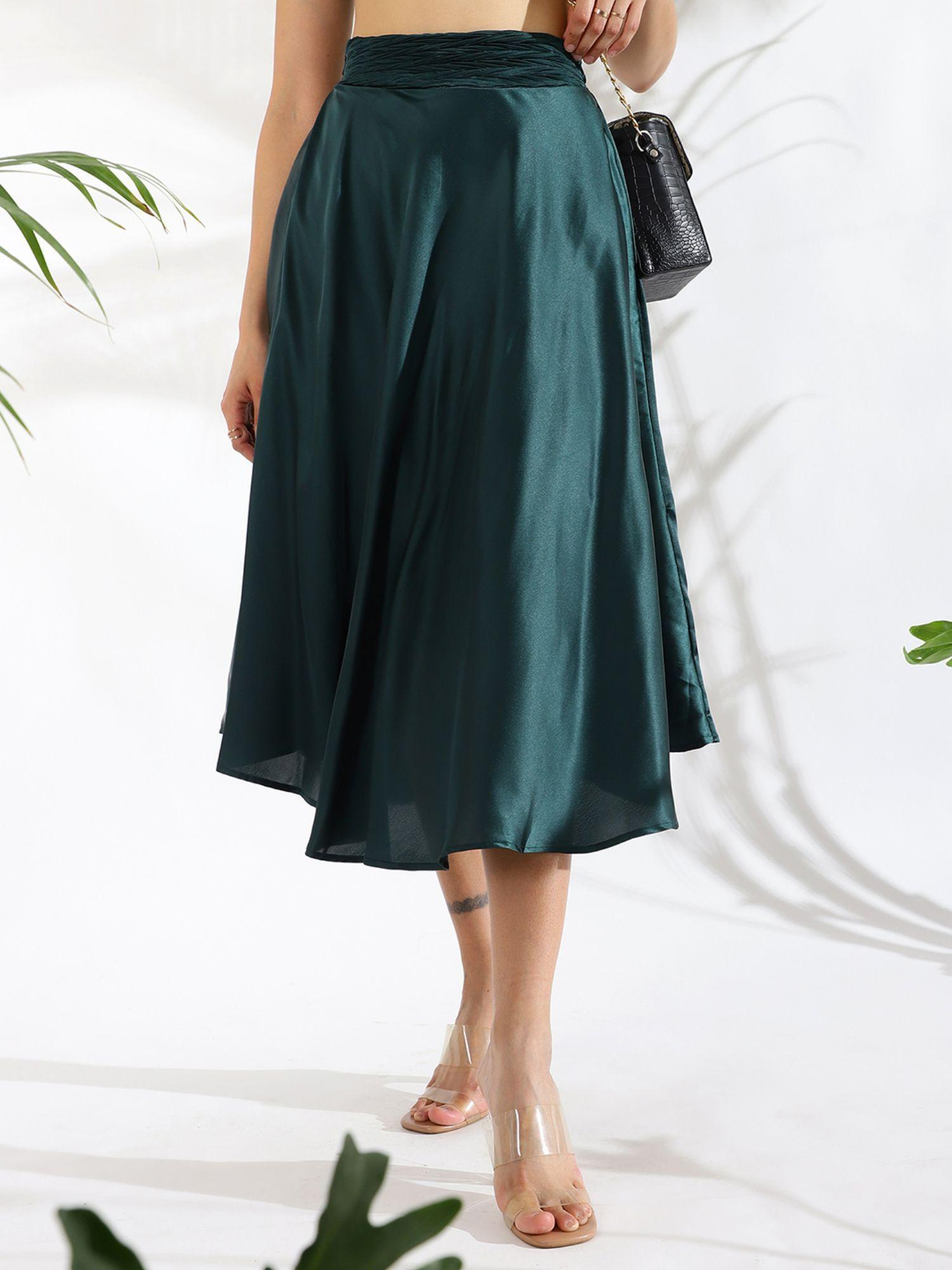 women polyester solid green midi skirt