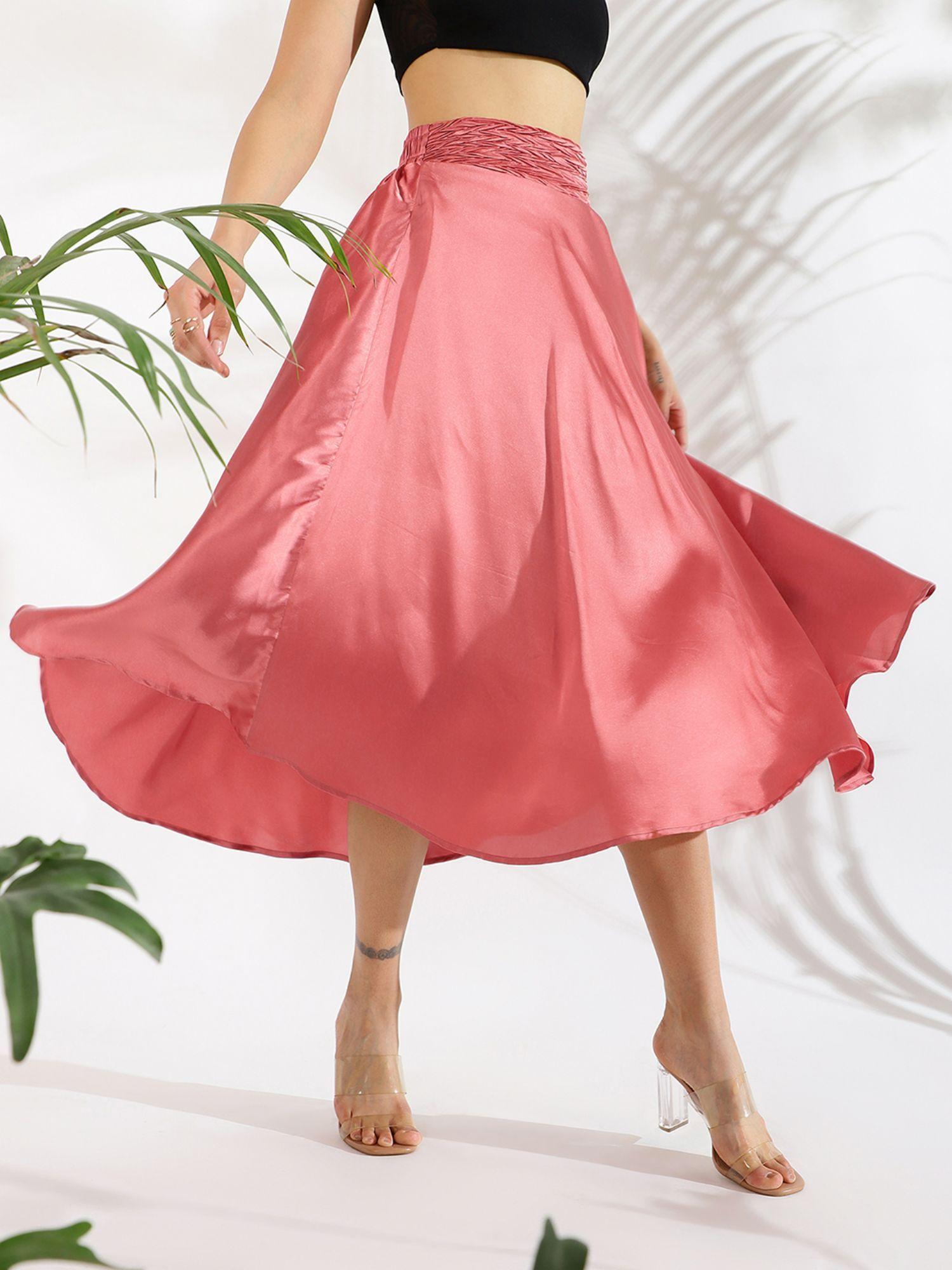 women polyester solid peach midi skirt