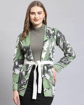 women printed cardigan with ribbed sleeves