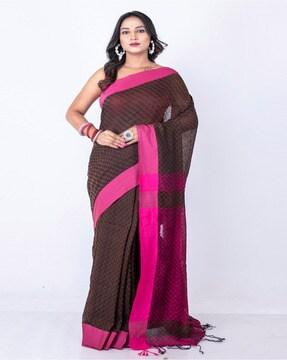 women printed cotton saree with tassels