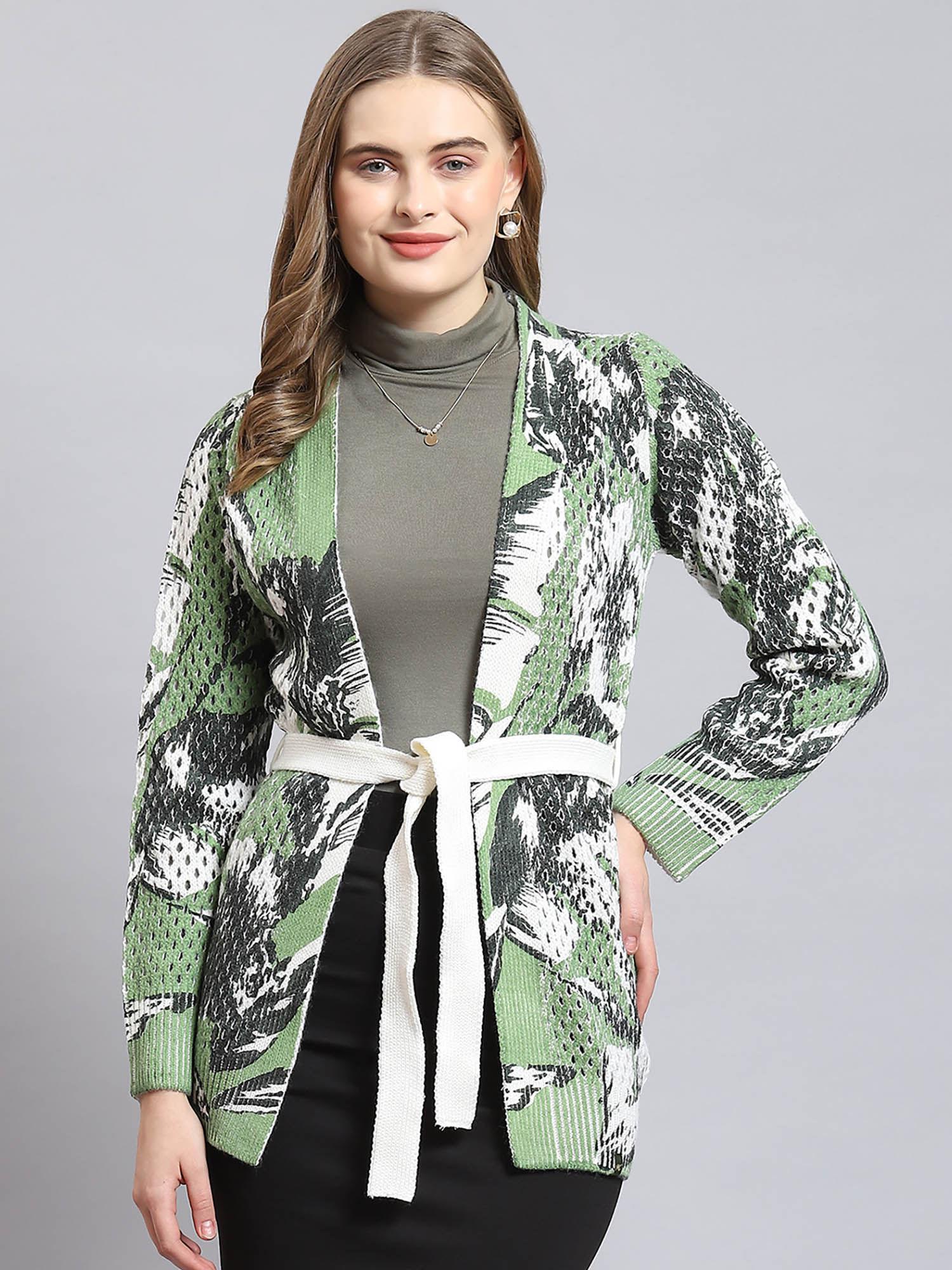 women printed full sleeves shawl lapel green cardigan, belt (set of 2)
