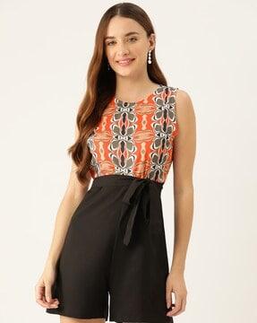 women printed playsuit with waist tie-up