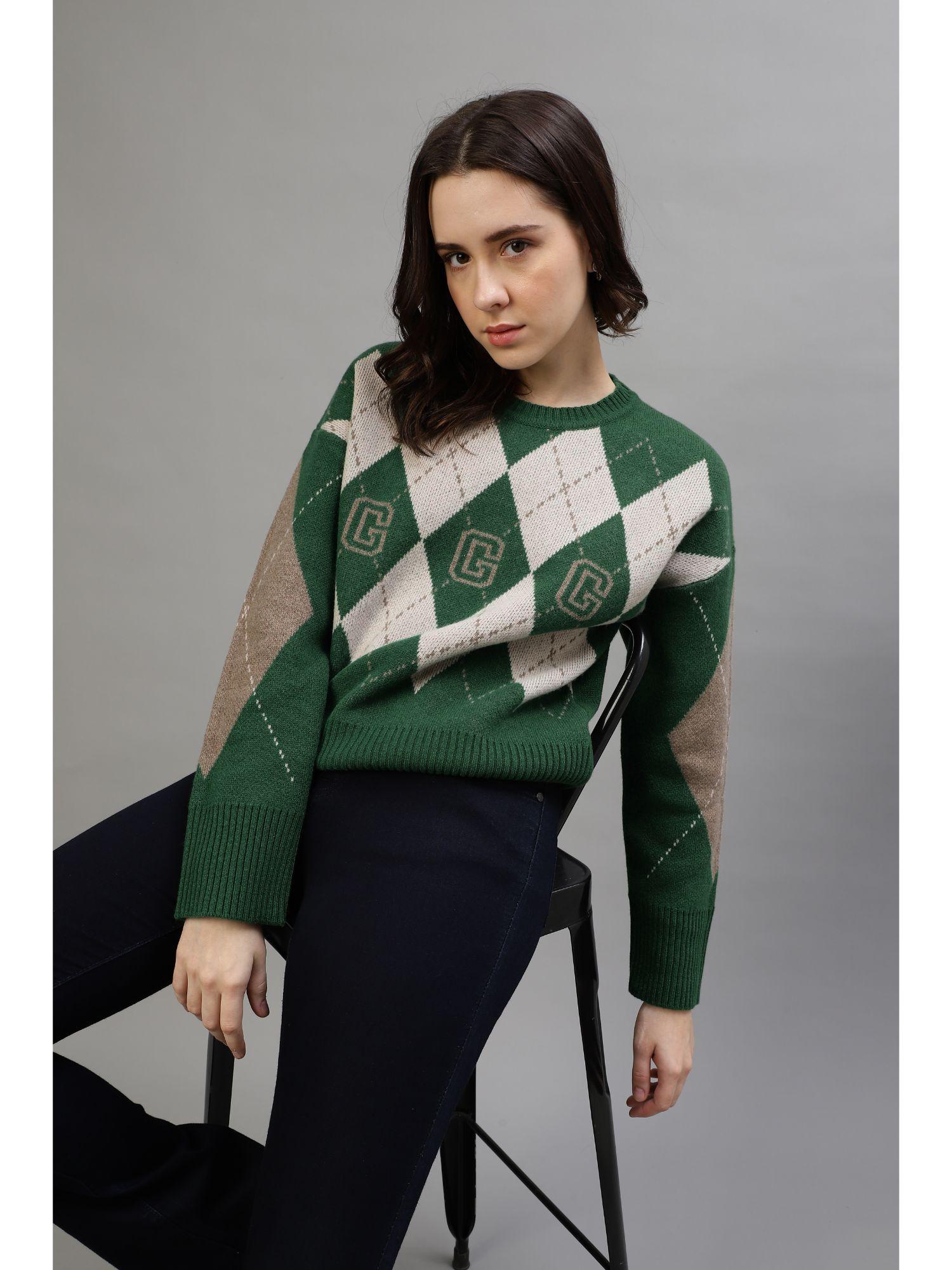 women printed round neck full sleeves sweater