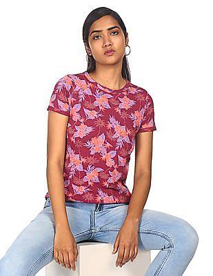 women purple round neck floral print t-shirt