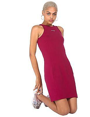women purple sleeveless solid dress