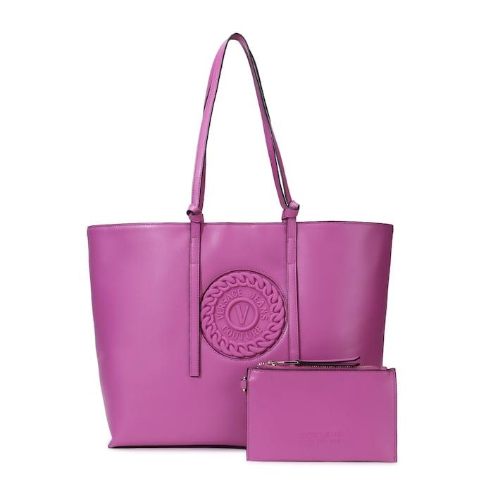women purple solid vjc emblem tote bag with a pouch