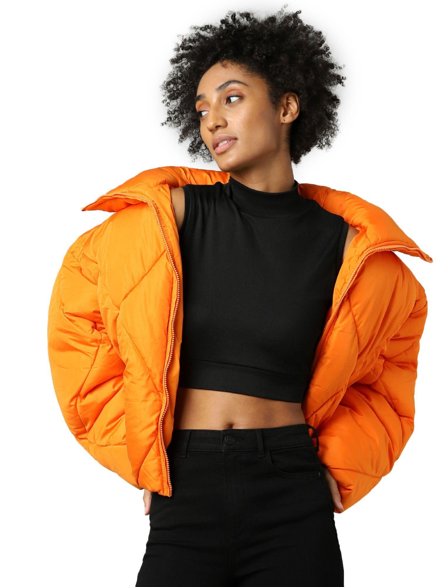women quilted orange jacket