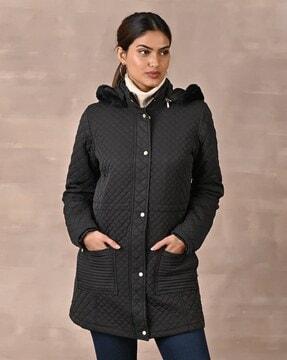 women quilted regular fit hooded trench coat
