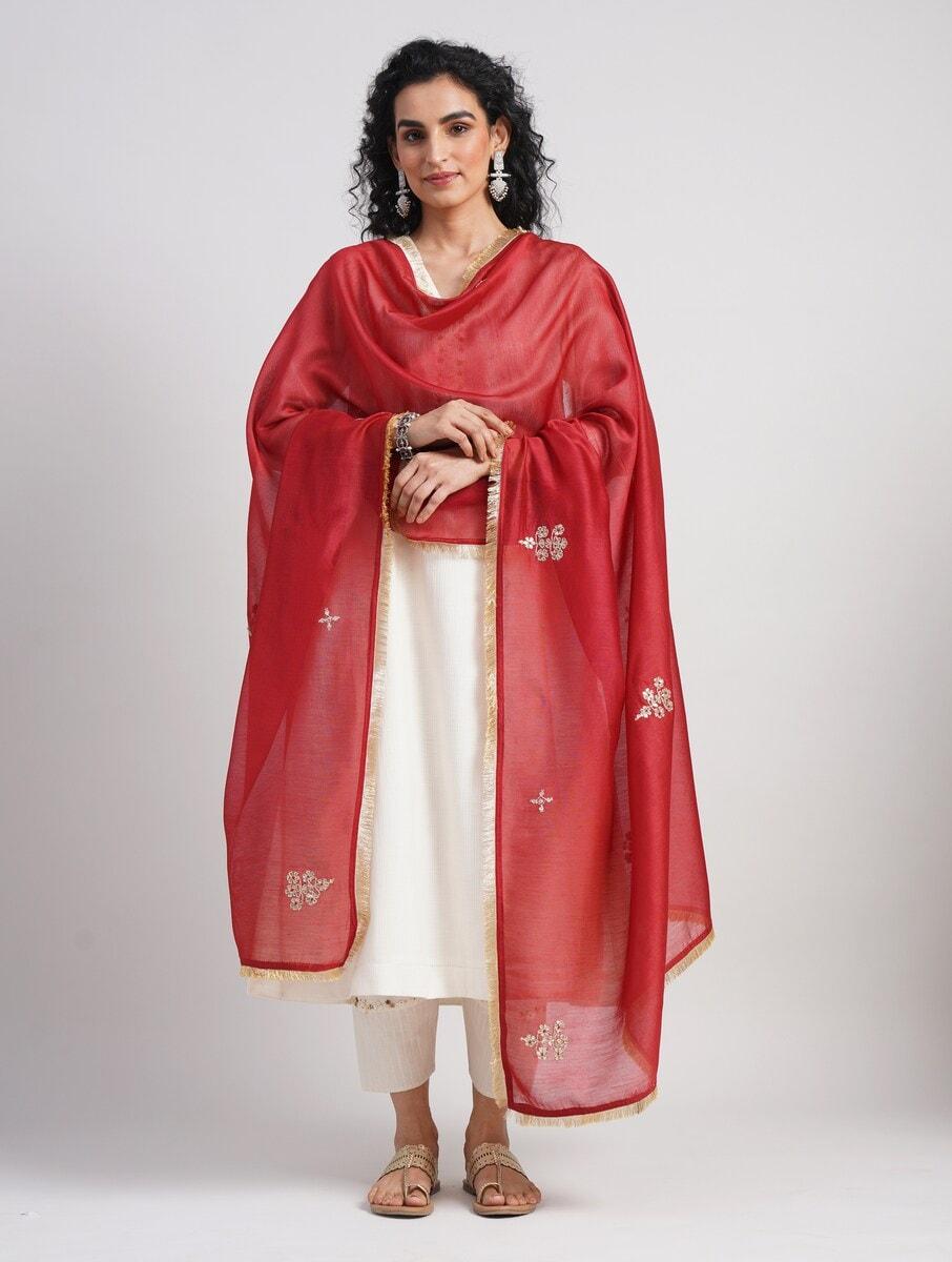 women red cotton silk hand embroidery dupatta
