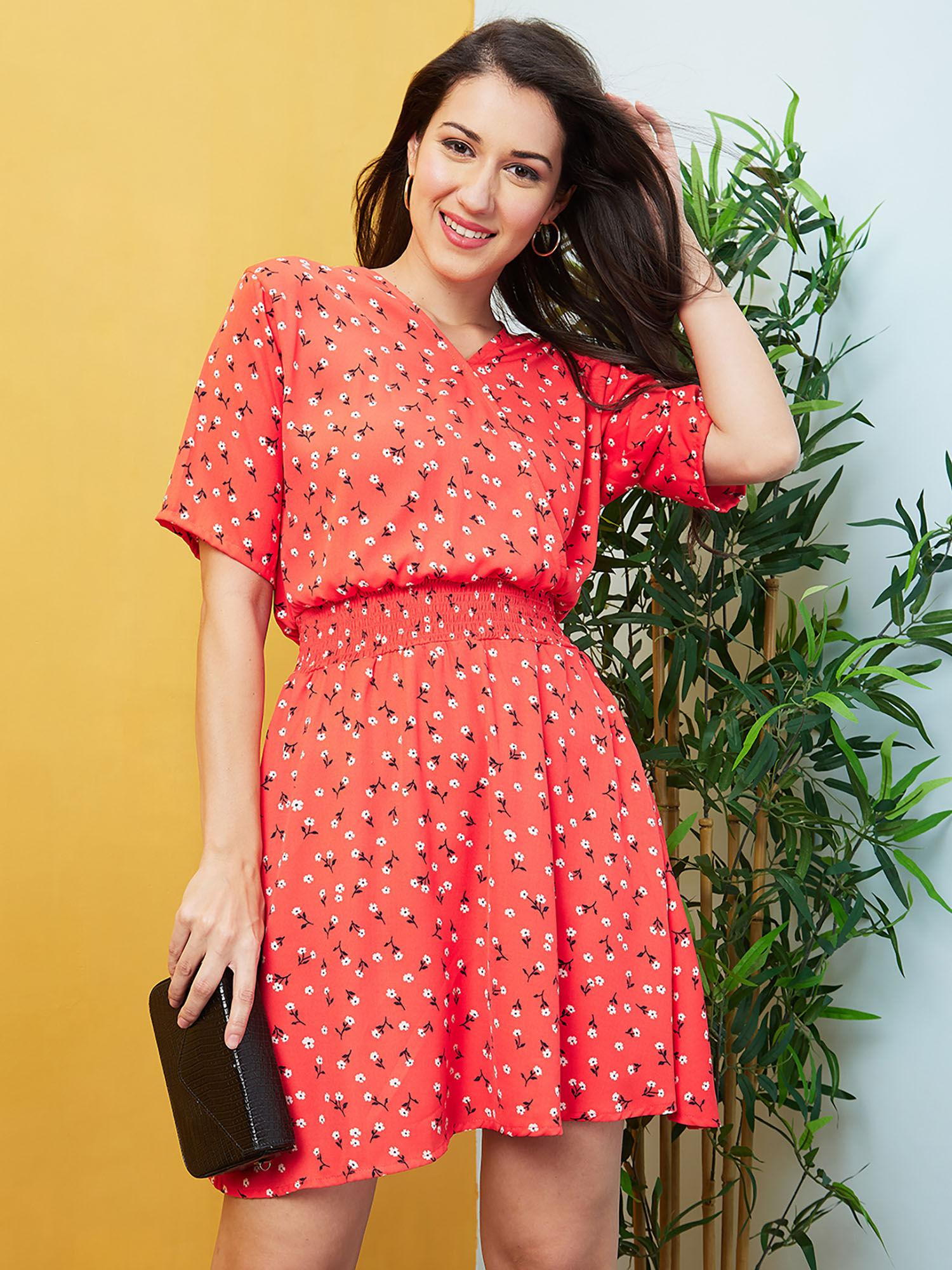 women red floral print v-neck fit and flare smocked casual dress
