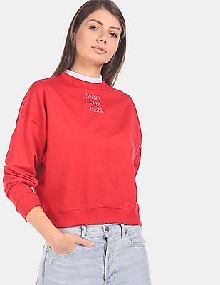 women red layered neck drop shoulder sweatshirt
