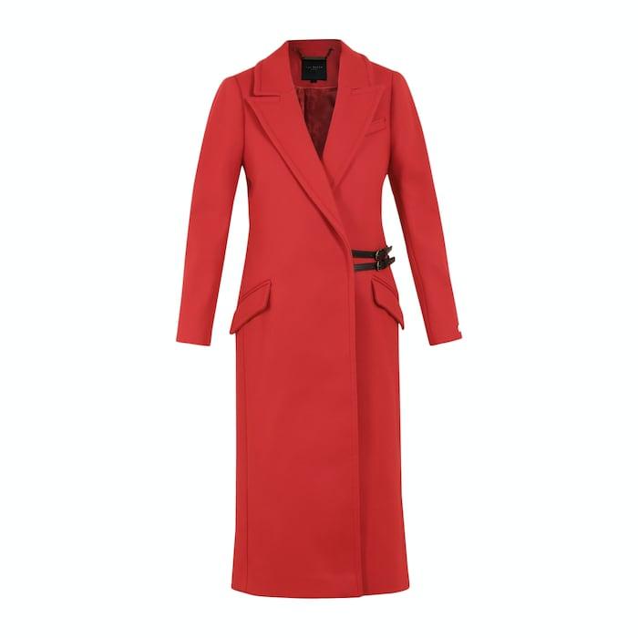 women red long coat with detachable waist straps