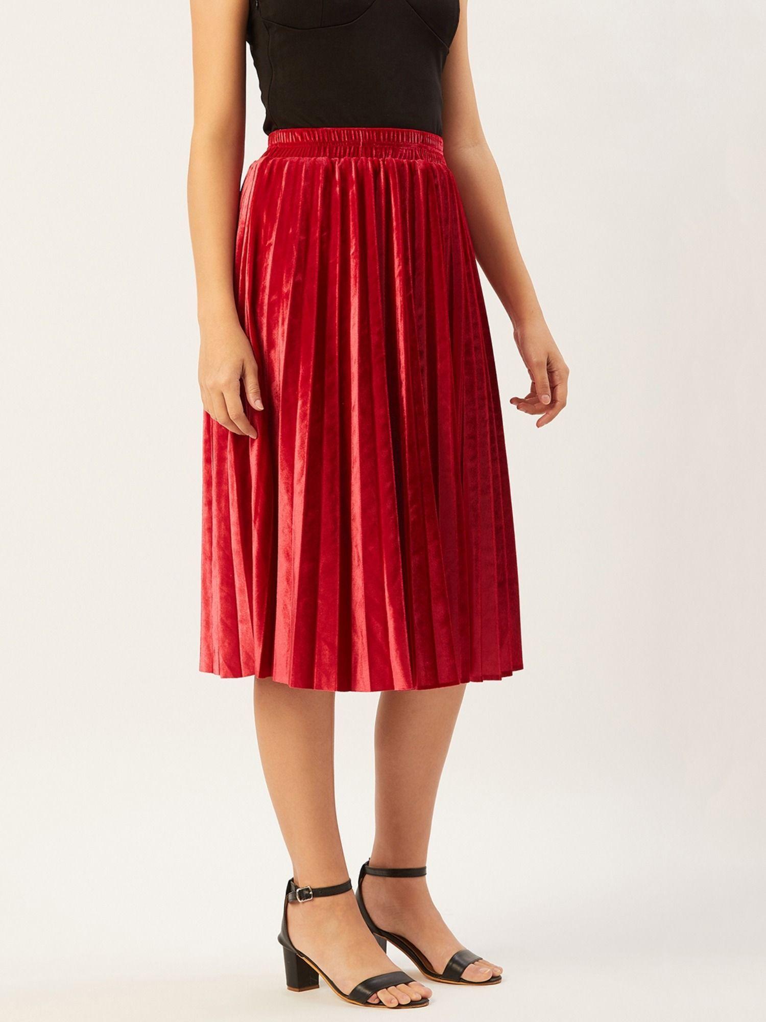 women red solid accordion pleated flared midi skirt