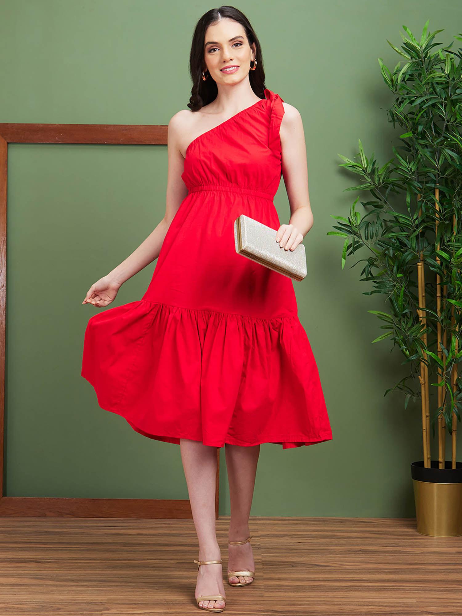 women red solid cotton one shoulder fit & flare midi party dress