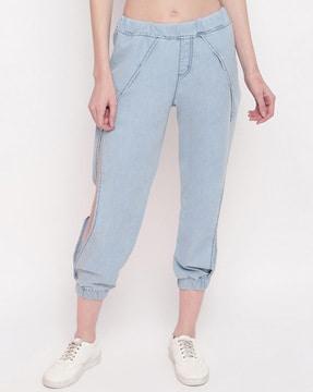 women relaxed fit flat-front trousers with elasticated waist