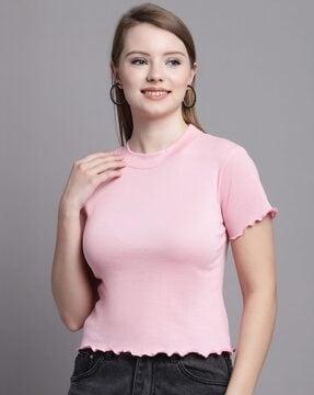 women ribbed slim fit top with short sleeves